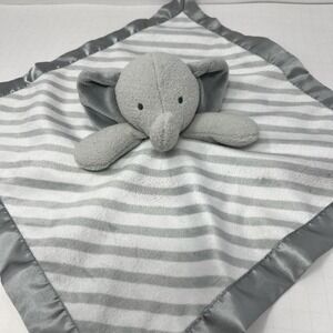 Cloud Island Elephant Lovey Security Blanket Gray White Striped Satin Trim Baby